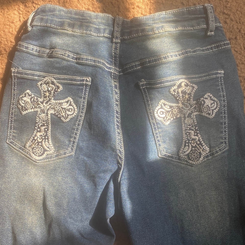 ROMWE Blue Boot Cut Jeans with Ornate Cross Designs